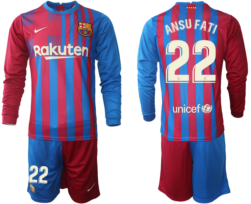 Men 2021-2022 Club Barcelona home red blue Long Sleeve #22 Nike Soccer Jersey